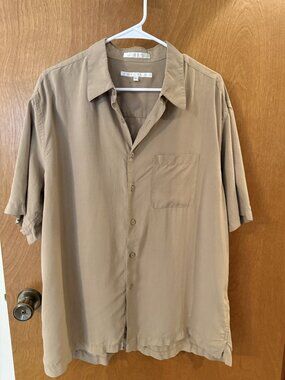 PERRY ELLIS 100% Silk Shirt Men’s X-Large Tan Short Sleeve Luxury Coastal Resort